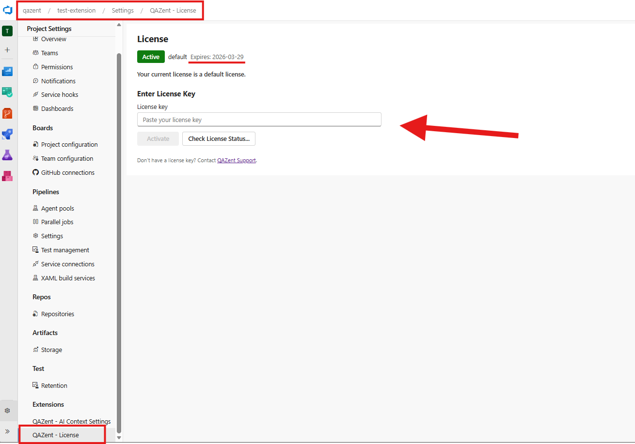 QAZent license activation page inside Azure DevOps