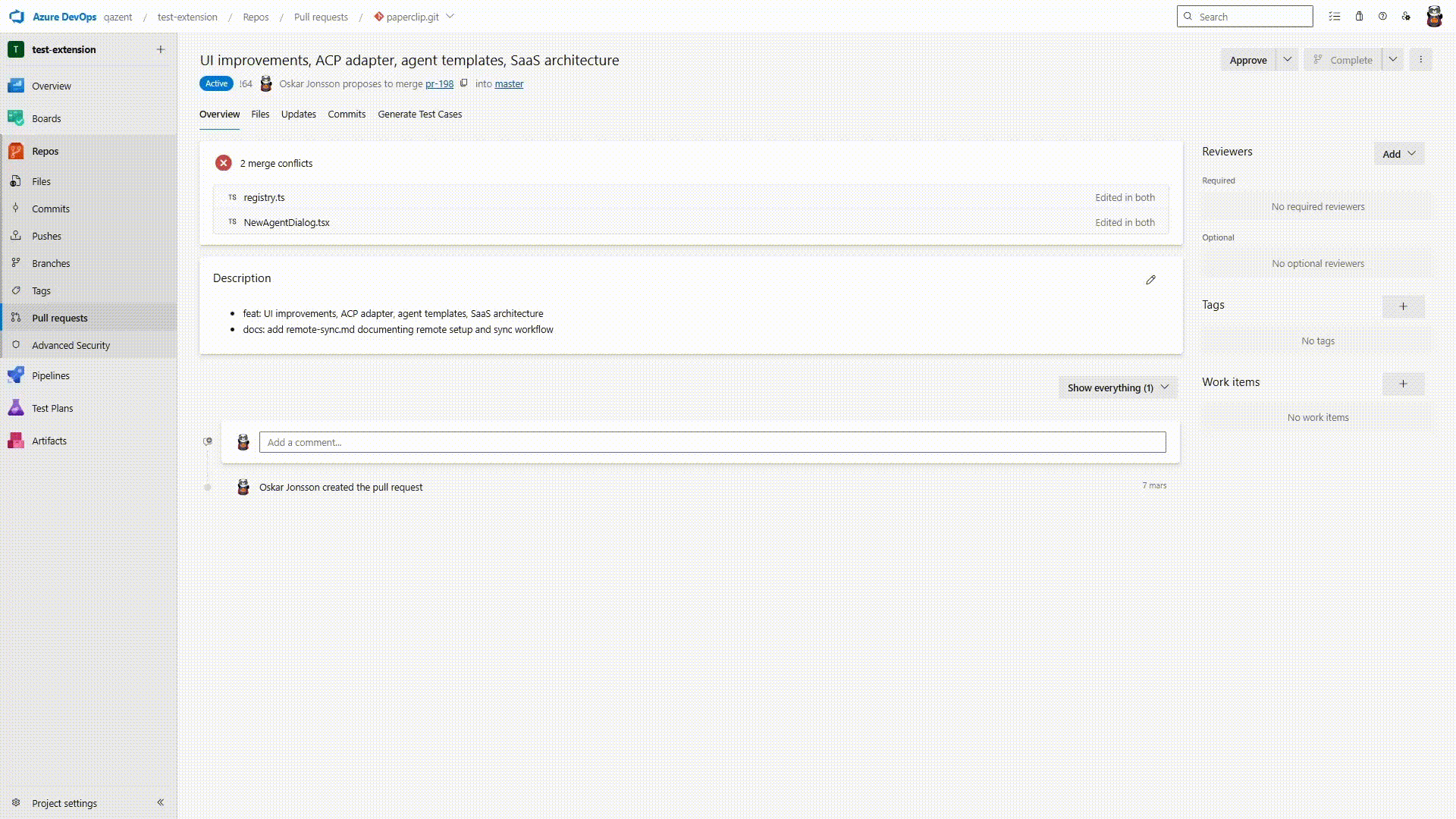 Azure DevOps pull request with QAZent workflow