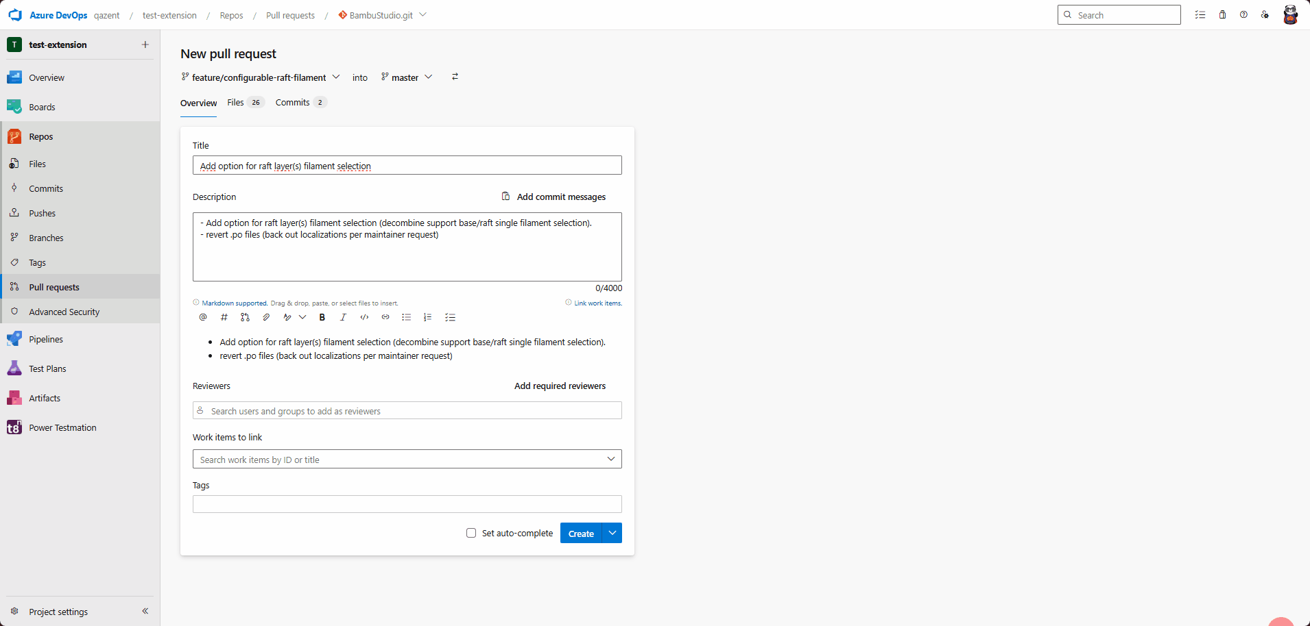 Azure DevOps pull request with QAZent workflow